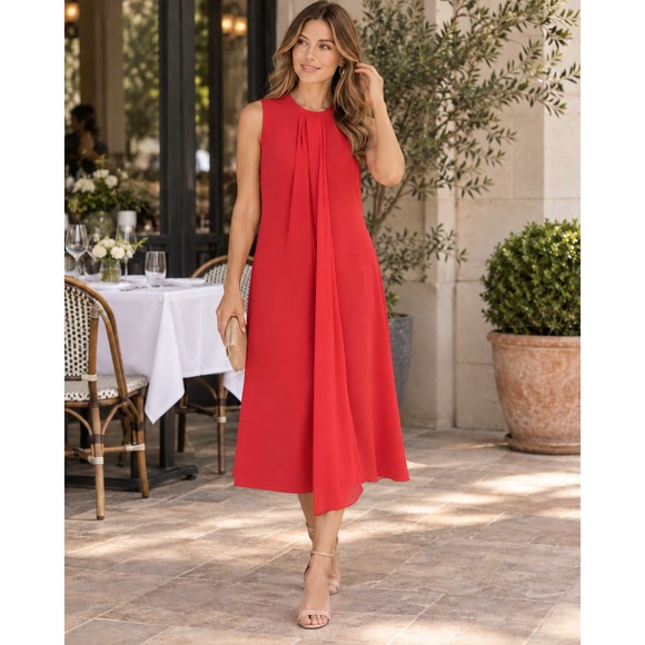J. Peterman Dresses & Skirts - J. Peterman Sleeveless Chiffon Overlay Pleated Dress Red Size 0 Stretch Cocktail